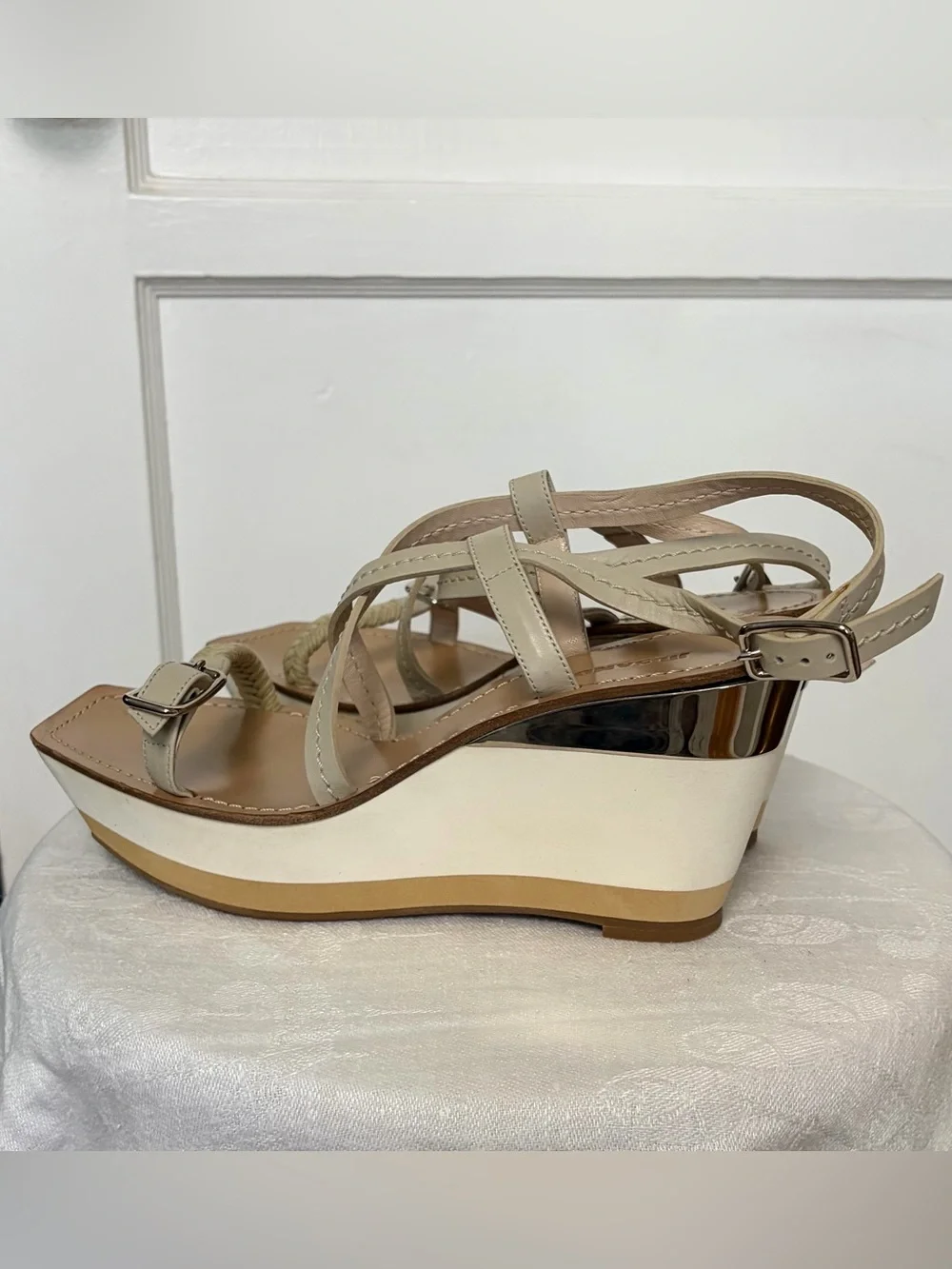Jil Sander Strappy Leather and Rope Wedge Sandals, beige w/silver, 38, GUC